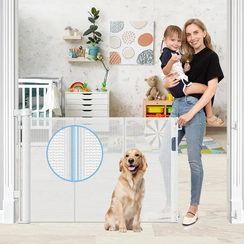 Vista 18 de Puertas retráctiles reforzadas para bebés con varillas de soporte, se extienden hasta 55" de ancho, puerta retráctil para perros para entradas