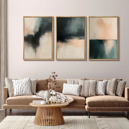Vista 163 de SIGNFORD - Set de obras de arte en lienzo enmarcado para pared, ilustraciones abstractas de neblina del desierto en tonos neutros beige y marrón