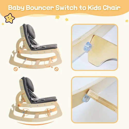 Vista 11 de Mecedora para bebé, ajustable para bebé, silla mecedora de madera 3 en 1 con arnés de 5 puntos, asiento para bebés y niños pequeños, color gris Beige