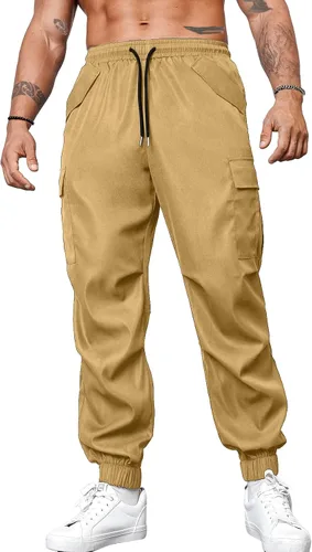 Vista 4 de Lexiart Pantalones cargo de senderismo a la moda para hombre, pantalones deportivos con cordón, pantalones deportivos casuales cónicos