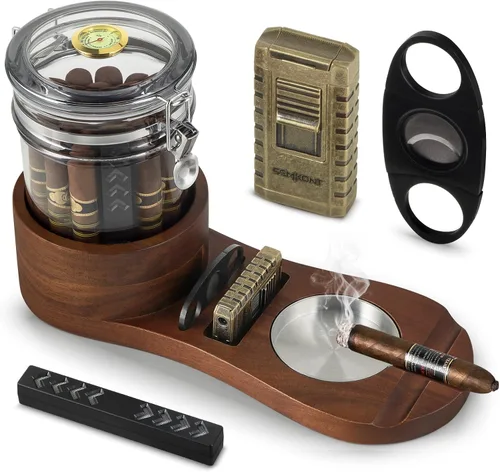 Vista 7 de Set de humidificador de puros y cenicero SEMKONT, bandeja de madera con frasco humidificador de acrílico, soporte para cortador, cajón, ranura