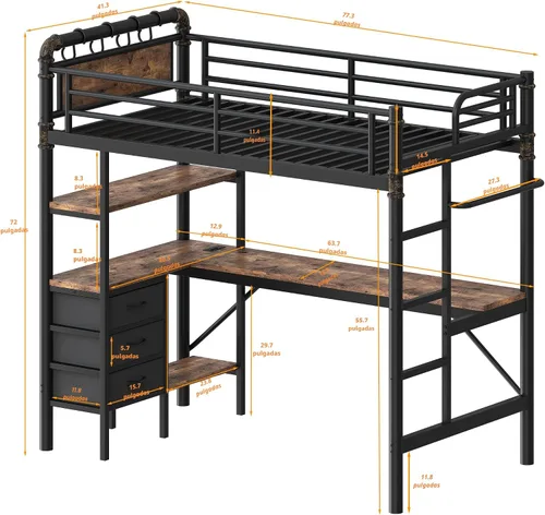 Vista 2 de Cama tipo loft de tamaño individual con escritorio en forma de L, luces LED, estación de carga, marco de cama de metal industrial resistente con 3