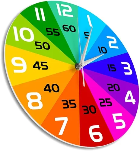 Vista 3 de Reloj de pared educativo con ruedas de color arcoíris de 15 pulgadas, para enseñar la hora y aprender a decir la hora, silencioso, sin tictac