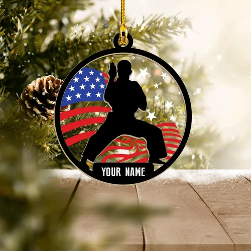 Vista 5 de Podagree - Adornos de karate con nombre personalizado para árbol de Navidad, adorno de Navidad de karate de madera personalizado para Navidad
