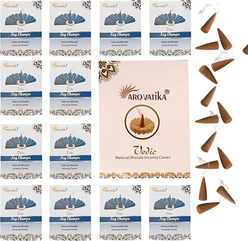 Vista 10 de ARO VATIKA Vedic Natural Masala 120 conos de incienso en paquete de 12 cajas 12 fragancias surtidas conos Dhoop Lo mejor para oración, reiki