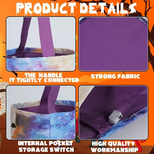 Vista 6 de Teling 6 bolsas de dulces de calabaza con luces LED para Halloween con luces LED para Halloween, bolsa de regalo reutilizable para suministros