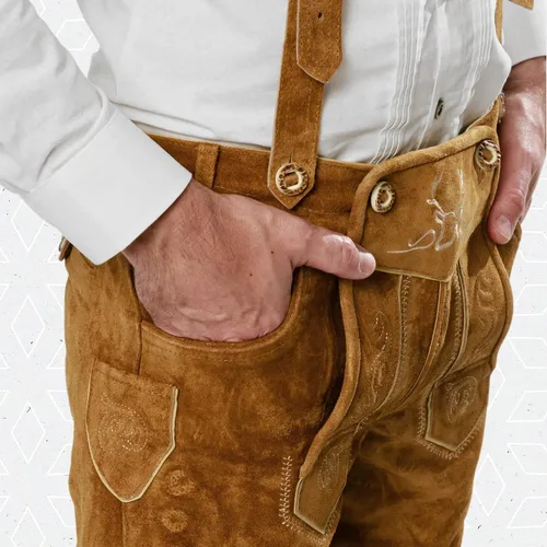 Vista 9 de BAVARIA TRACHTEN Lederhosen - Ropa alemana auténtica de cuero genuino para hombre traje del Oktoberfest color marrón claro corto