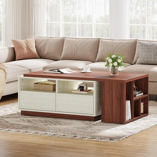 Vista 8 de Tribesigns Mesa auxiliar extensible con 2 cajones de almacenamiento, mesa reversible para sala de estar con estantes y parte superior ajustable