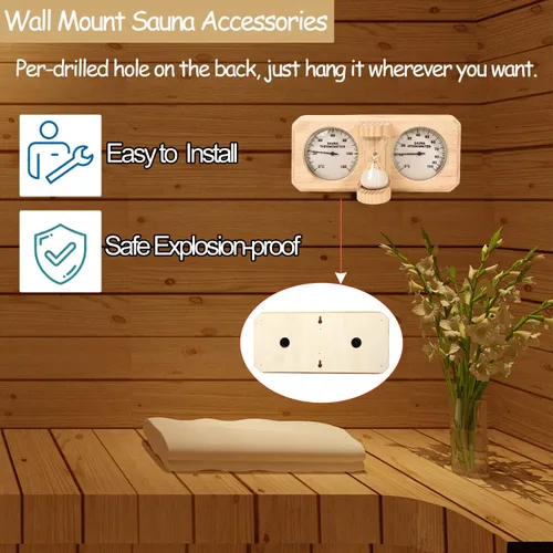 Vista 6 de ikare Termómetro e higrómetro para sauna 3 en 1 de madera con temporizador de arena de reloj de arena de 15 minutos, accesorios de pared para sauna