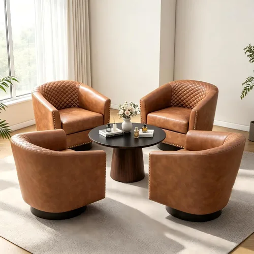 Vista 14 de Pia Ricco Silla de Acento Tipo Barril de Cuero Sintético, Silla de Club Moderna con Brazos, Cómoda Silla Individual Tapizada con Patas de Madera