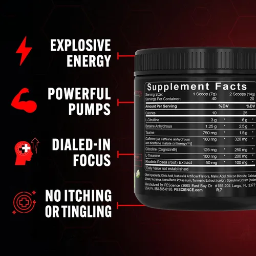 Vista 2 de PEScience - Suplemento energético Prolific en polvo con óxido nítrico para el pre entrenamiento, 40 cucharadas Energía y bomba, L citrulina