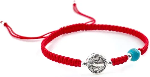 Vista 4 de St Benedict medal and Turquoise Bead on Adjustable Red Wove Bracelet with Macrame knot for women (Red)