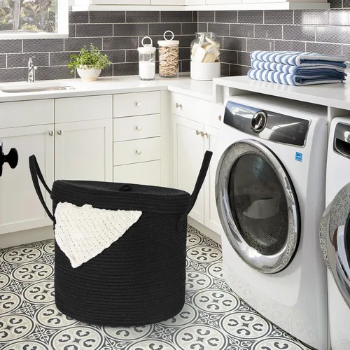 Vista 5 de Cesta grande de 15 x 13 pulgadas con tapa, cesta de almacenamiento de cuerda de algodón para manta, juguete, almohada, toalla, lavandería, sala