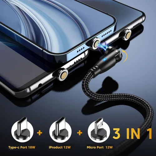 Vista 4 de VAFOTON Paquete de 3 cables de carga magnéticos USB (3.3+3.3+6.6 pies), cable magnético giratorio de 540° con transferencia de datos, cable