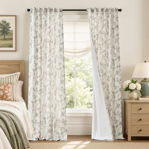 Vista 32 de Lazzzy Cortinas de lino floral verde con bolsillo para barra de granja, 50 Charlotte Verde
