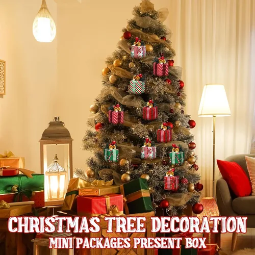Vista 6 de Panelee 12 Piezas Cajas de Regalo de Árbol de Navidad Adornos Mini Adornos Rojos y Verdes Paquetes Envueltos de Navidad con Campana Bayas Rojas