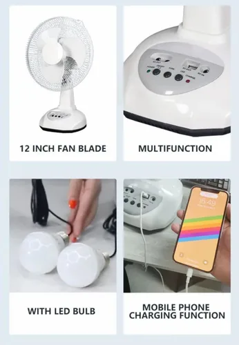 Vista 5 de Ventilador recargable VENTO con panel solar, puerto USB, luz LED nocturna y 2 bombillas gratis. Refrigeración ecológica