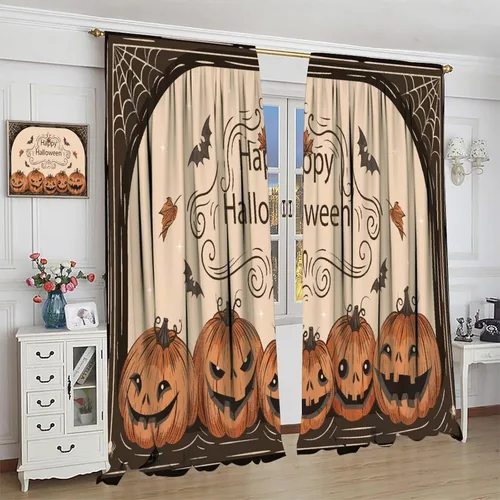 Vista 4 de Cortinas de bosque de Halloween, castillo negro, calabaza, murciélago, búho, gato, decoración de ventana de cocina, dormitorio, sala de estar