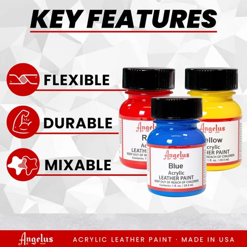 Vista 2 de Kit básico de pintura para cuero Angelus – Juego de pintura acrílica para cuero con 5 colores (1 oz. cada una), preparador y desengrasante y pinceles