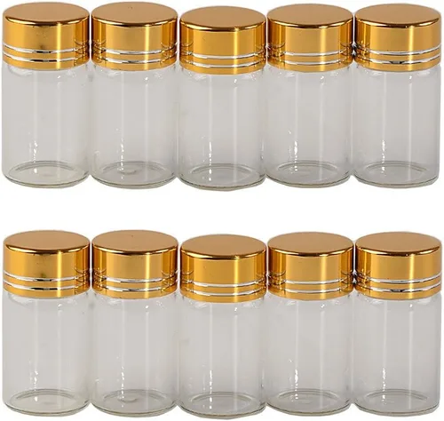Vista 12 de 24 botellas de vidrio de 0.2 fl oz Tapa de aluminio Tapa dorada Vacío Transparente Transparente Contenedor de regalo Líquido Deseo Botellas Frascos
