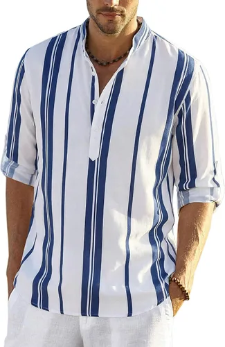 Vista 25 de COOFANDY Camiseta Henley de algodón y lino para hombre, de manga larga, estilo hippie, casual, playera