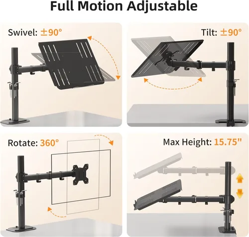 Vista 2 de Suptek - Soporte de escritorio para portátil con brazo ajustable para monitor único con bandeja ventilada, hasta 17 pulgadas, soporta hasta 22 libras