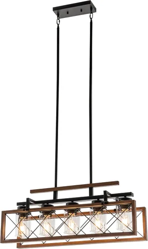 Vista 9 de MELLCOM Iluminación de madera para isla de cocina, lámpara de comedor de granja de 5 luces con pantallas de vidrio y varillas ajustables, candelabro