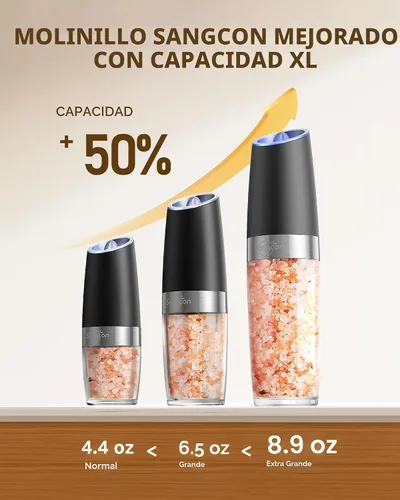 Vista 2 de Sangcon Gravity - Juego de molinillos eléctricos de sal y pimienta agitadores MEJORADO capacidad XL de 9 onzas, funciona con pilas, rellenable