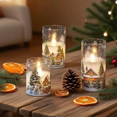 Vista 6 de Velas de cristal sin llama de casa de muñeco de nieve a pilas, con control remoto y temporizador; velas LED parpadeantes de cera real, luz blanca