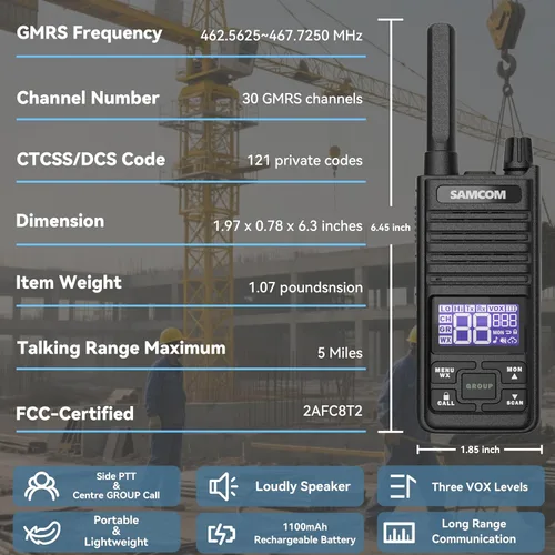 Vista 3 de SAMCOM Radio T2 GMRS de 2 W de largo alcance Walkie Talkie NOAA recargable para el clima, radio bidireccional resistente, radios de llamadas