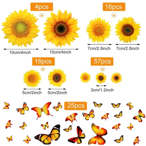 Vista 3 de Tenare 116 calcomanías de pared de girasol, calcomanías de mariposa 3D, autoadhesivas, girasol, flores amarillas, mariposa, impermeable, decoración