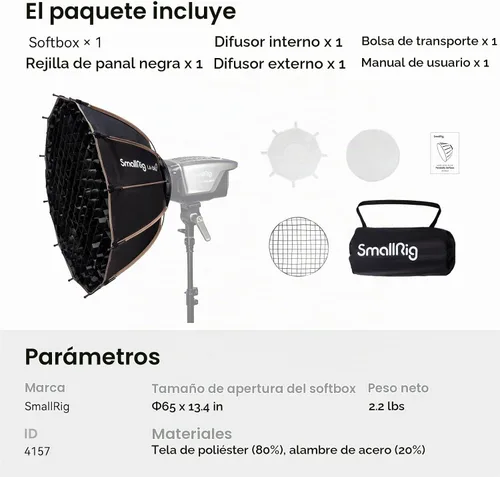 Vista 7 de SMALLRIG Caja de luz parabólica LA-D65 de 65 cm de liberación rápida, compatible con SmallRig RC 120D/RC 120B/RC 220D/RC220B y otras luces