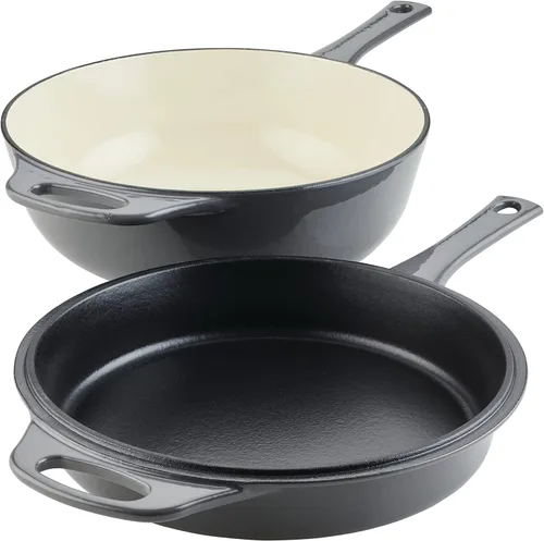 Vista 8 de Rachael Ray Horno holandés 3 en 1 de hierro fundido esmaltado con sartén/salteado, 4 cuartos de galón, gris
