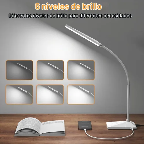 Vista 3 de Vansuny Lámpara de escritorio LED con puerto de carga USB, cuidado de los ojos, 5 modos de color, 6 niveles de brillo, control táctil, cuello