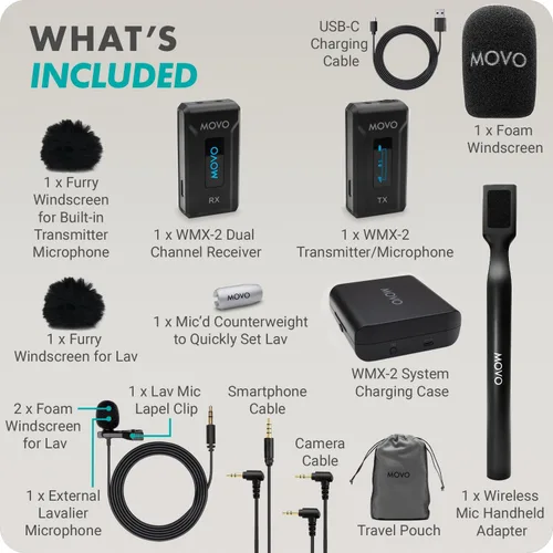 Vista 7 de Movo WMX-2 Micrófono de solapa inalámbrico Lavalier con estuche de carga y adaptador de mano WMX-HM - Micrófono Lav, micrófono de solapa de 2.4 GHz