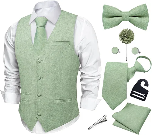 Vista 11 de DiBanGu Conjunto de corbata con cremallera y chaleco de lino para hombre Negro