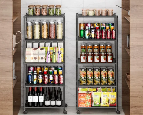 Vista 4 de OVICAR Estante de almacenamiento con ruedas – Estantería ajustable de alambre de malla de 5 niveles, estante de almacenamiento de metal para cocina