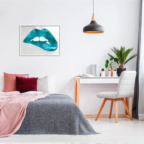 Vista 2 de Stupell Industries Modern Blue Fashion Lip Bite Feminine Glam Photography, diseñada por Sarah McGuire - Arte de pared enmarcado en blanco, 30 x 24
