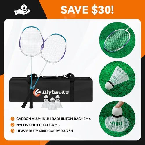 Vista 4 de 12ft Badminton Net Set for Backyard Beach with Durable Anti-Sagging Net, Heavy Duty Poles, 2 Aluminum Badminton Rackets, 3 Shuttlecocks, Carry Bag