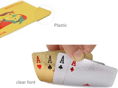 Vista 3 de Paquete de 2 cartas de póquer de diamantes de oro y plata, impermeables, de plástico dorado y plateado, altamente flexibles, 2 barajas de cartas