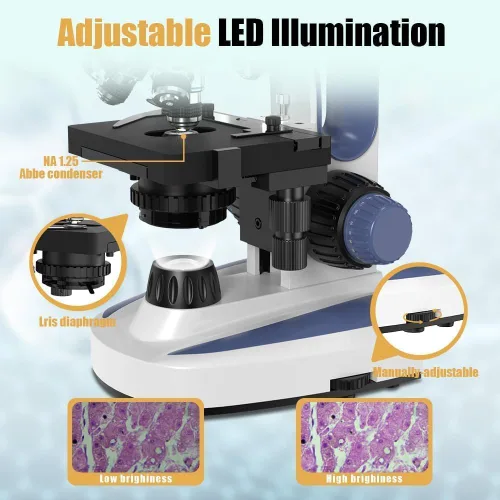 Vista 4 de Vitano Microscopio trinocular compuesto de laboratorio con aumento 40X-2500X, microscopio de doble visión para adultos estudiantes con pantalla de 7