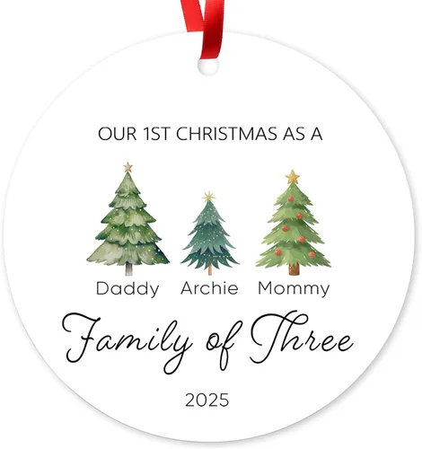 Vista 10 de Adorno de Navidad de familia de 3 2025, adorno personalizado para la primera Navidad del bebé, recuerdo de adorno familiar con tema de oso, 3.5 Co-03
