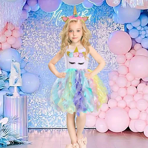 Vista 7 de PARTISKY Vestido de unicornio de Halloween para niñas, 3-10 años, disfraz de unicornio con lentejuelas, vestido tutú de princesa para fiesta