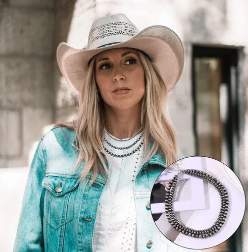 Vista 4 de MOZAKA Juego de joyas occidentales para mujer, incluye collar de perlas navajo, estilo vaquera, estilo occidental, aretes y pulseras de perlas