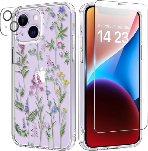 Vista 49 de bicol Funda para iPhone 14 Plus con Protector de Pantalla y Lente de Cámara - Diseños Florales de Moda para Mujeres y Niñas - Funda Transparente