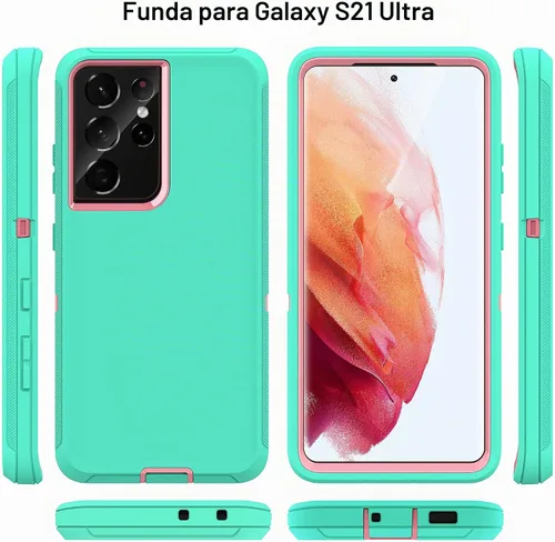 Vista 8 de MXX Funda compatible con Galaxy S21 Ultra, funda protectora de cuerpo con parachoques de 3 capas súper resistente y servicio pesado aqua / rosado