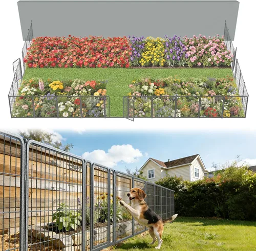 Vista 69 de FXW Valla de jardín al aire libre para el patio, 17 pulgadas de alto x 29.3 pies de largo, barrera de metal resistente para animales, para perros