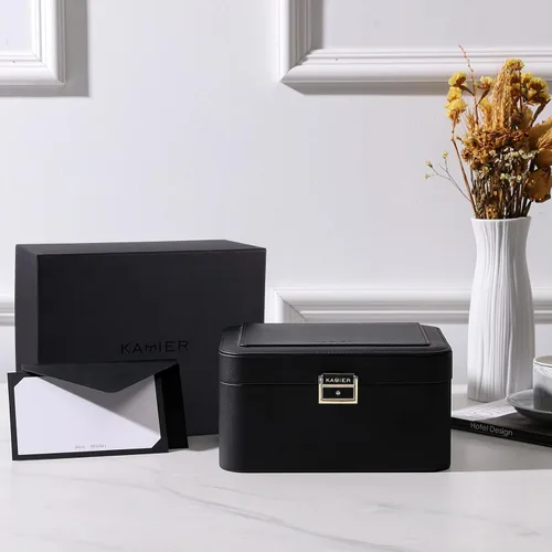 Vista 4 de KAMIER Organizador de joyas, caja de joyería de piel sintética de 2 capas, gran capacidad, doble cerradura y espejo grande, ganchos ocultos