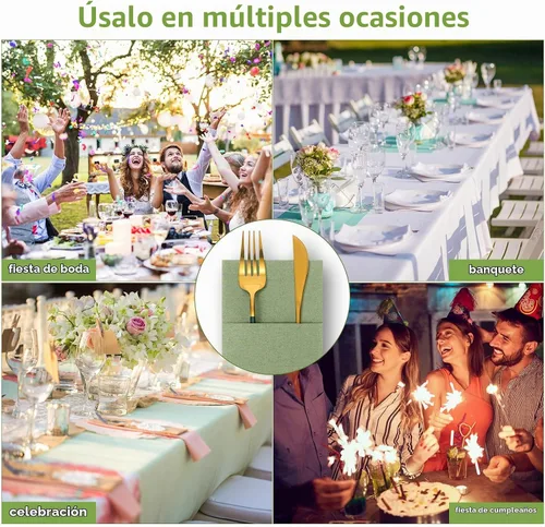 Vista 6 de Seajan 35 servilletas de lino de bolsillo, servilletas desechables de papel airlaid preplegadas con bolsillo integrado para cubiertos para Verde