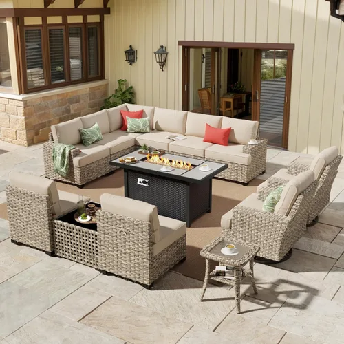 Vista 89 de HOOOWOOO Juego de Muebles Seccionales para Patio al Aire Libre, 6 Piezas Juegos de Conversación de Mimbre Sofá en Forma de L, Sofá Extra Profundo